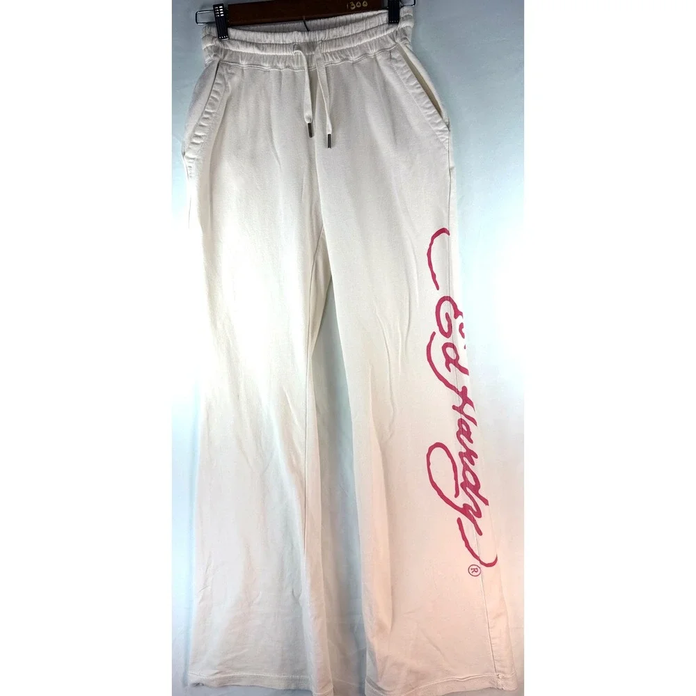 Ed Hardy Womens Cream Wide Leg Sweatpants Skull Roses Pink Logo Y2K Joggers Sz S
